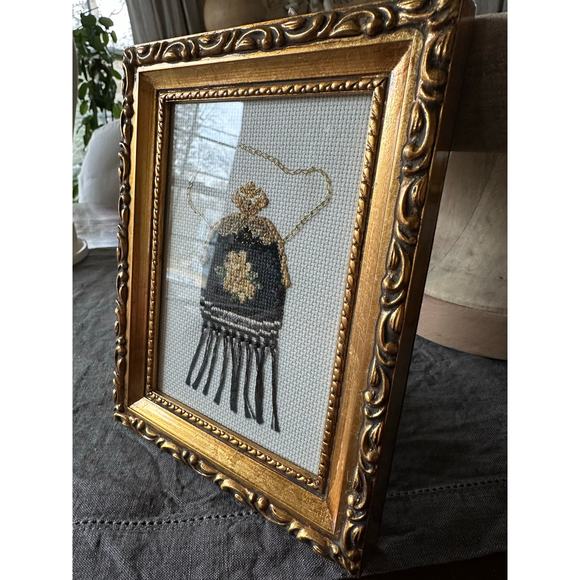 Framed needlepoint finished Counted Cross Stitch Vintage Purse Sandy Clough 6x7” - Picture 11 of 12